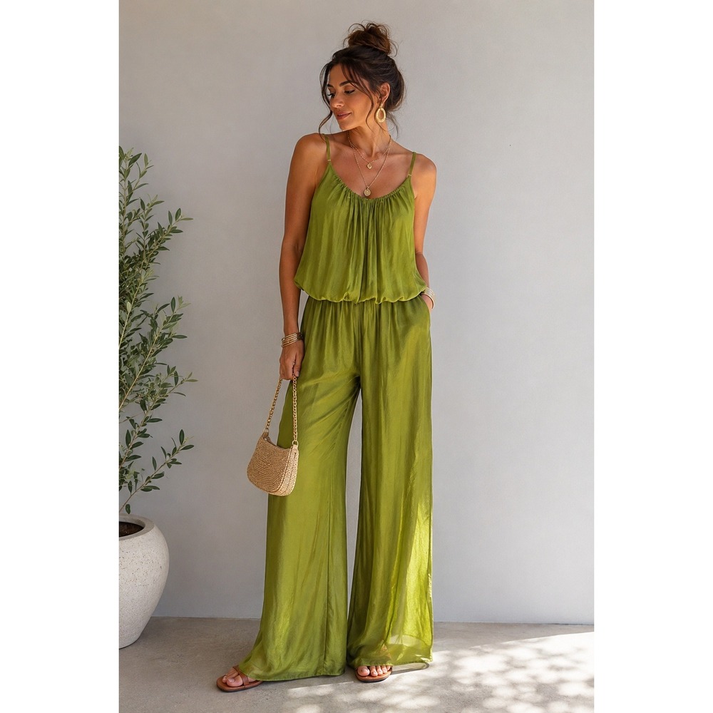 Made in Italy Olive Green Silk Blend Wide Leg Jumpsuit Boho Resortwear Luxe M